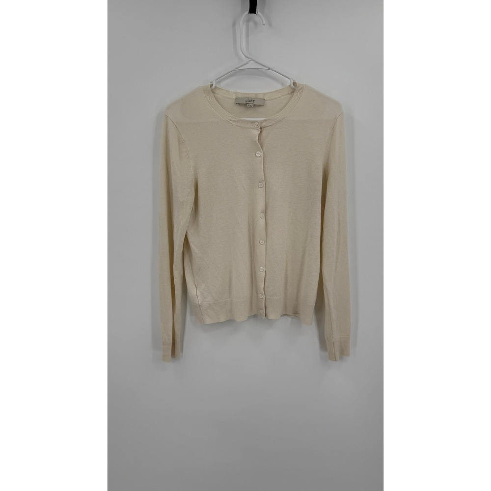 LOFT Ann Taylor Cream Button Front Cardigan Sweater Beige Crew Neck Medium